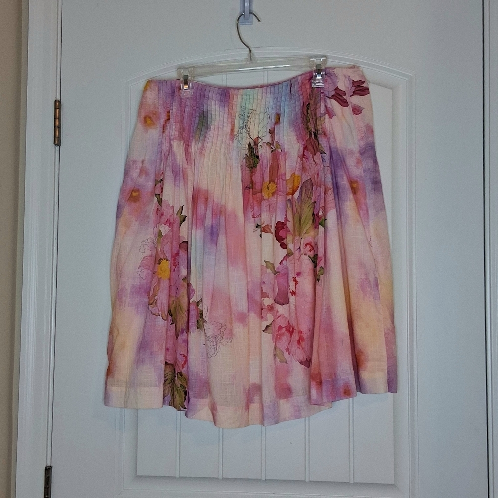 By Anthropologie Low Rise Multicolor Watercolor Cotton Knee Length Skirt Large - Picture 3 of 10